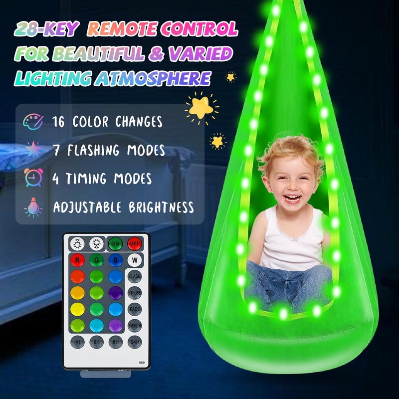 Bghdas Light Up Kids Pod Swing Seat, Hanging Hammock Chair with LED Lights, Upgraded Cotton Child Sensory Swing Seat, Sensory Swing for Autistic Kids Indoor & Outdoor Play (Green) - Image 2